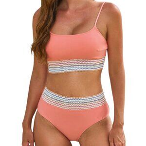 Women's Peach Scoop Neck High Waisted Scallop Trimmed 2 Piece Bikini Set Size XS
